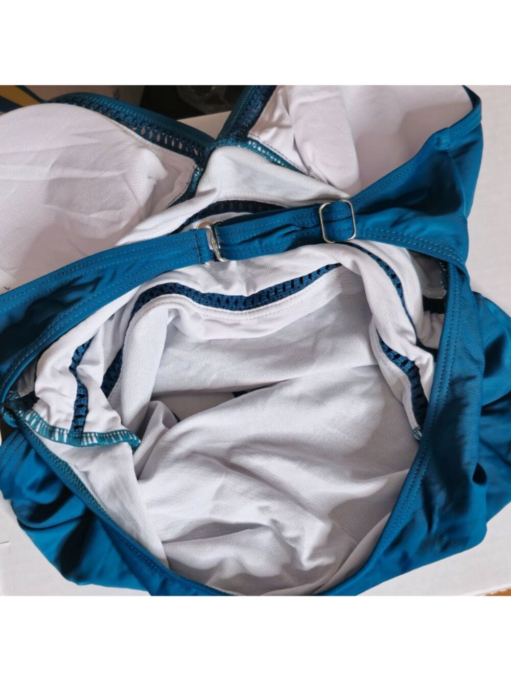 Blue One-Piece Swimsuit LG Halter Lace Cutout V Neck Adjustable Strap Lined - Picture 6 of 8